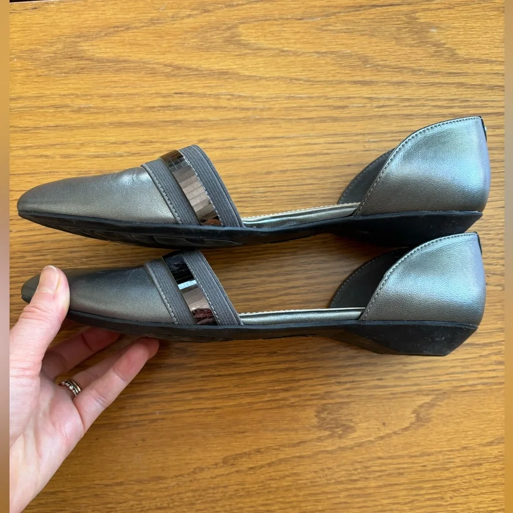 Anne Klein Sport Onmyway d’Orsay Pewter Leather Metallic Pointed Toe Flats, 8
